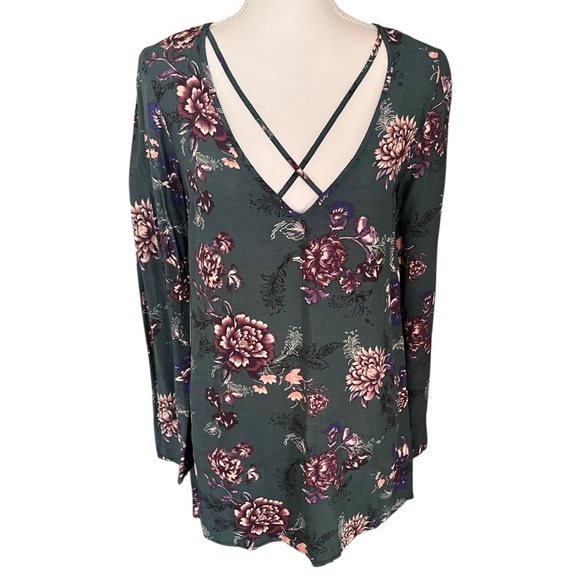 Free People Heartbeat Long Bell Sleeved Emerald Green Floral Tunic‎ Size XS Boho - Picture 2 of 16